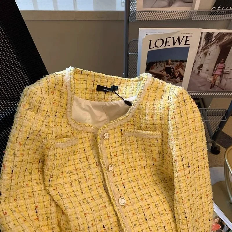 เสื้อแจ็คเก็ตสตรีฤดูใบไม้ผลิฤดูใบไม้ร่วงใหม่สีเหลือง Tweed น้ําหอมขนาดเล็กเสื้อสั้นเกาหลีแฟชั่น Grace หญิงเสื้อนอก