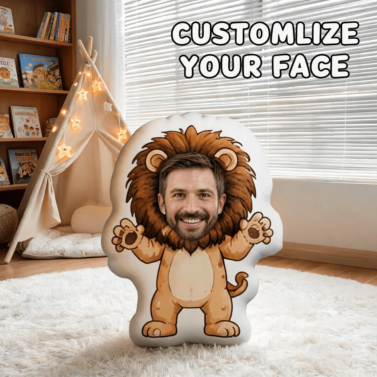 Customized photo lion shaped pillow, personalized smiling men's facial decoration cushion, 70cm fun home decoration, suitable fo