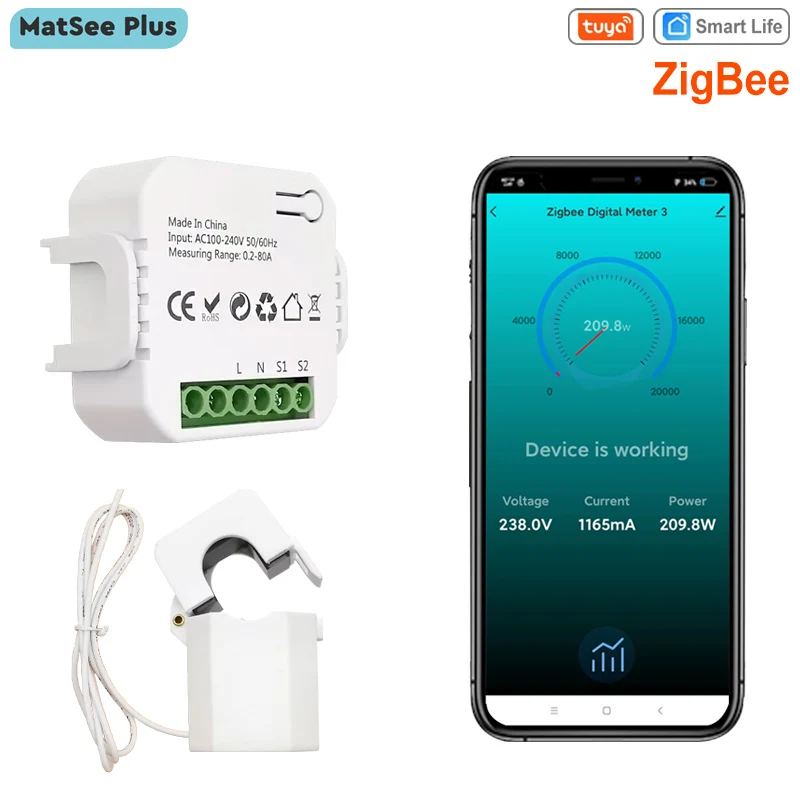 

Tuya Smart Life ZigBee Clamp Power Digital Meter Energy Monitor 80A CT Din Rail App Electricity Statistics Single Phase AC