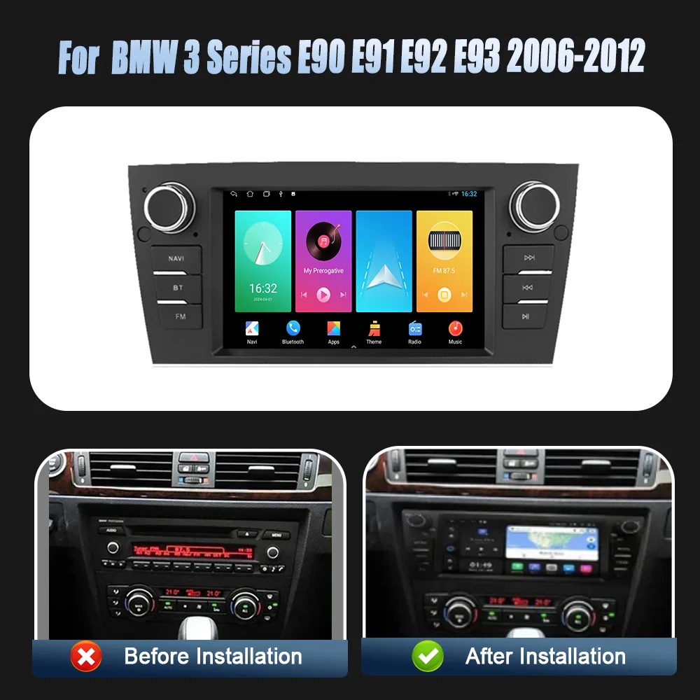 For BMW 3 Series E90 E91 E92 E93 2006-2012 Car Radio Multimedia Navigation Wireless Carplay Stereo Screen Android 14 Head Unit