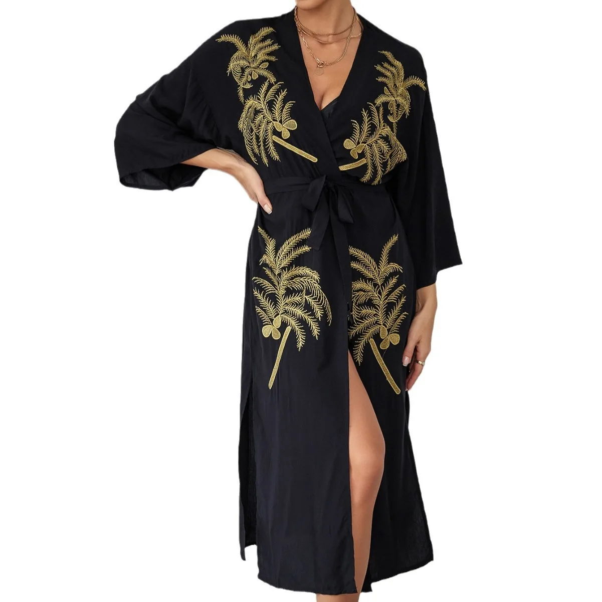 Kimono de playa de manga acampanada con palma de coco bordada dorada para mujer, cárdigan, vestidos sueltos, ropa de playa, cubierta de Bikini