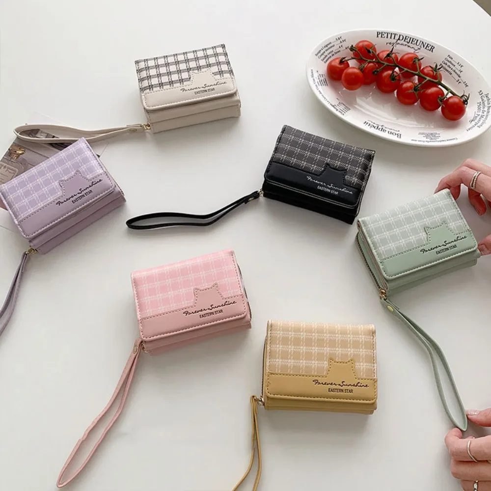 مقاوم للماء لطيف القط المحفظة الكورية نمط فتحات بطاقة متعددة معلقة حقيبة الرسغ سعة كبيرة مخيط بولي PU محفظة مبسطة المرأة