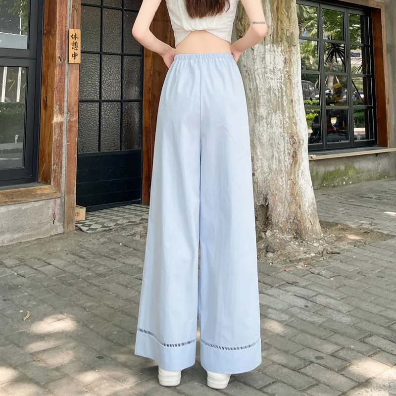 ฤดูร้อนสบายๆหลวมผ้าฝ้าย Hollow OUT กางเกงขากว้างผู้หญิง Harajuk เกาหลีแฟชั่นลูกไม้ Drawstring ข้อเท้าความยาวกางเกง