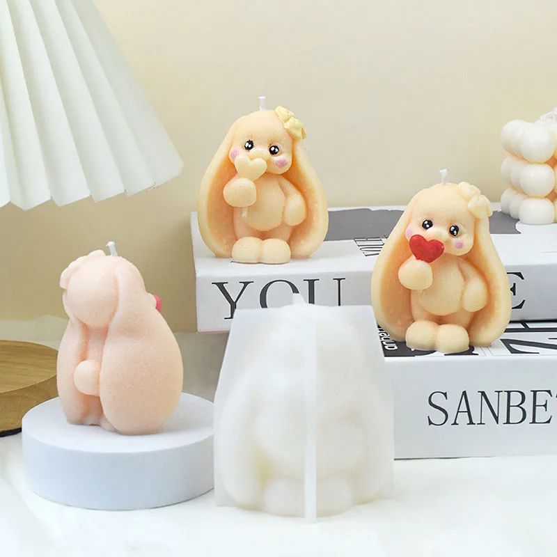 3D Cute Long-eared Rabbit Candle Silicone Mold Handicraft Shy Bunny Holding Heart Candle Gypsum Mould Cake Chocolate Decor Gifts