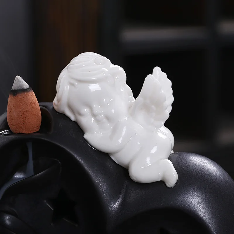 Beautiful Angel Backflow Incense Burner with LED RGB Light Smoke Waterfall Incense Base Living Room Home Decor Christmas Gift