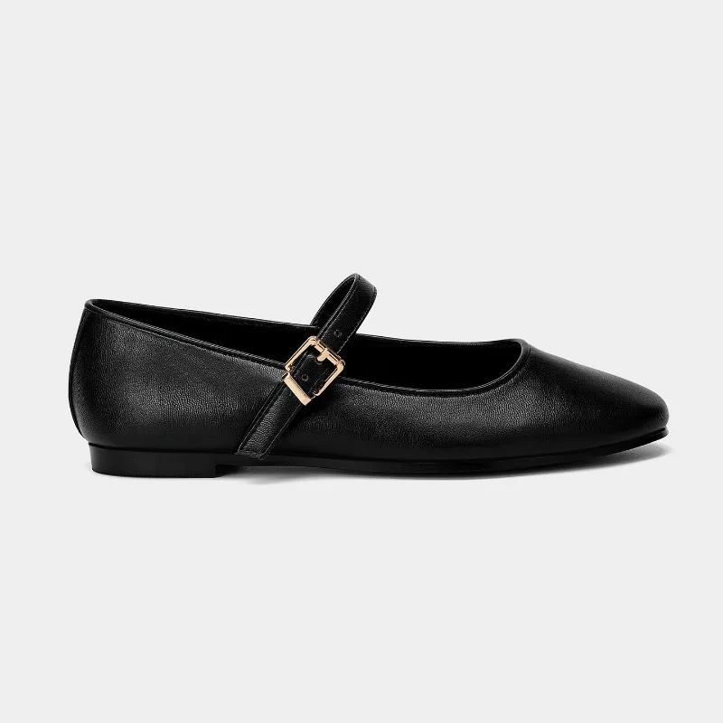 Autumn Soft Leather Women Mary Jane Shoes Round Toe Shallow High Quality Retro Concise Design Metal Belt Buckle Ballet Flats