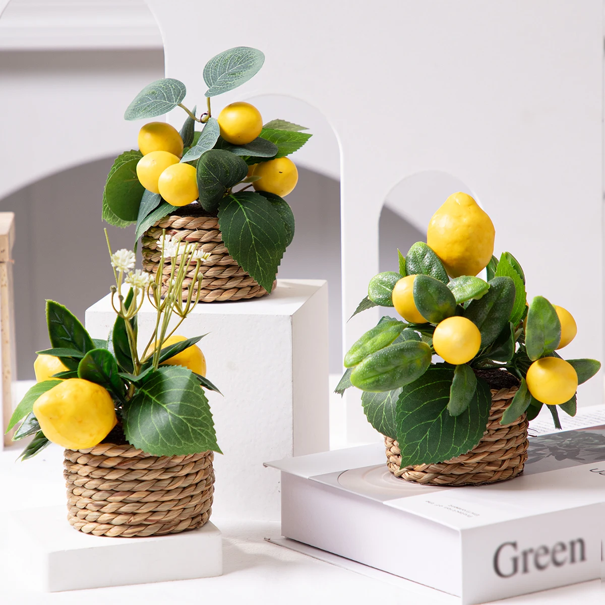 XIYA FLOWER Lemon Artificial Plants Flowers PE Material Lemon Woven Potted Plants Boxwood Grass PE Material Home Decoration