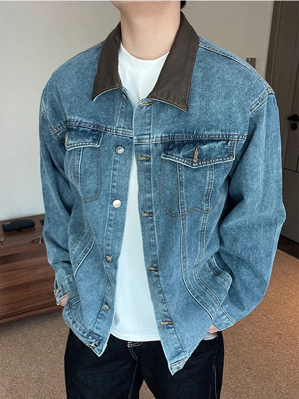 

Американский Sle Vintage Waed Blue Denim Jaet Мужское пальто High Street Cool Casual Cotton Long Sve Autumn Jaet