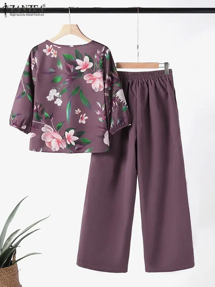 Bohemian Summer Tracksuits 2PCS Women Pant Sets Short Sleeve Floral Printed Blouse Trouser Suit ZANZEA Casual Loose Matching Set