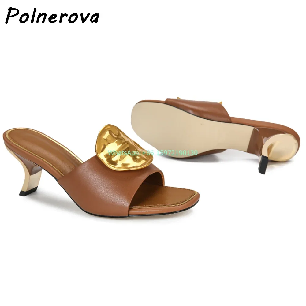 

Metal Square Round Slippers Brown Peep Toe Strange Style Kitten Heels Slip On Shoes Summer New Outdoor Runway Hotties Shoes