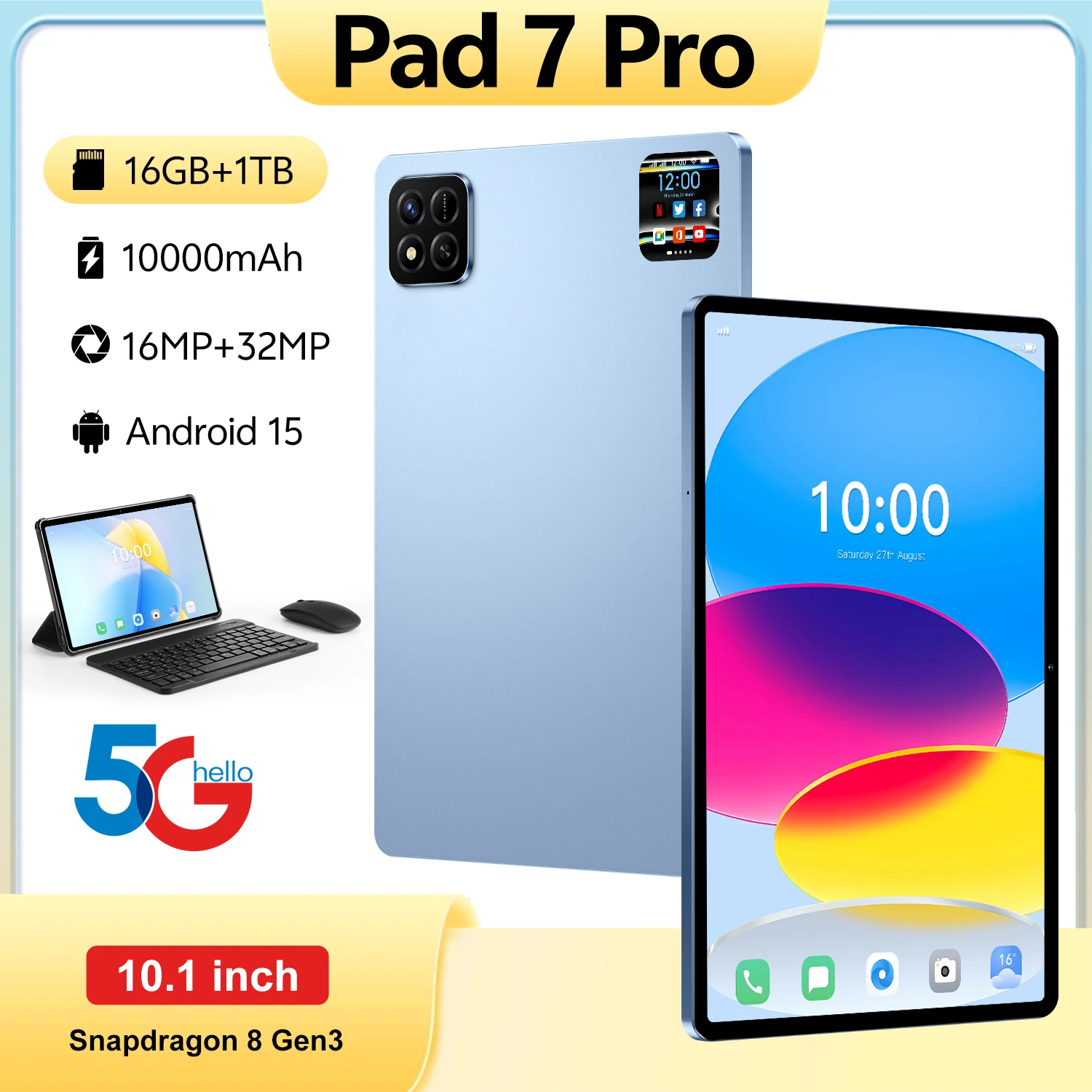 

2026 New Pad 7 Pro 10.1 inch Android 15 16GB+1TB Dual Card Tablet 10000mAh Snapdragon 8 Gen3 Core WIFI+GPS Tablet
