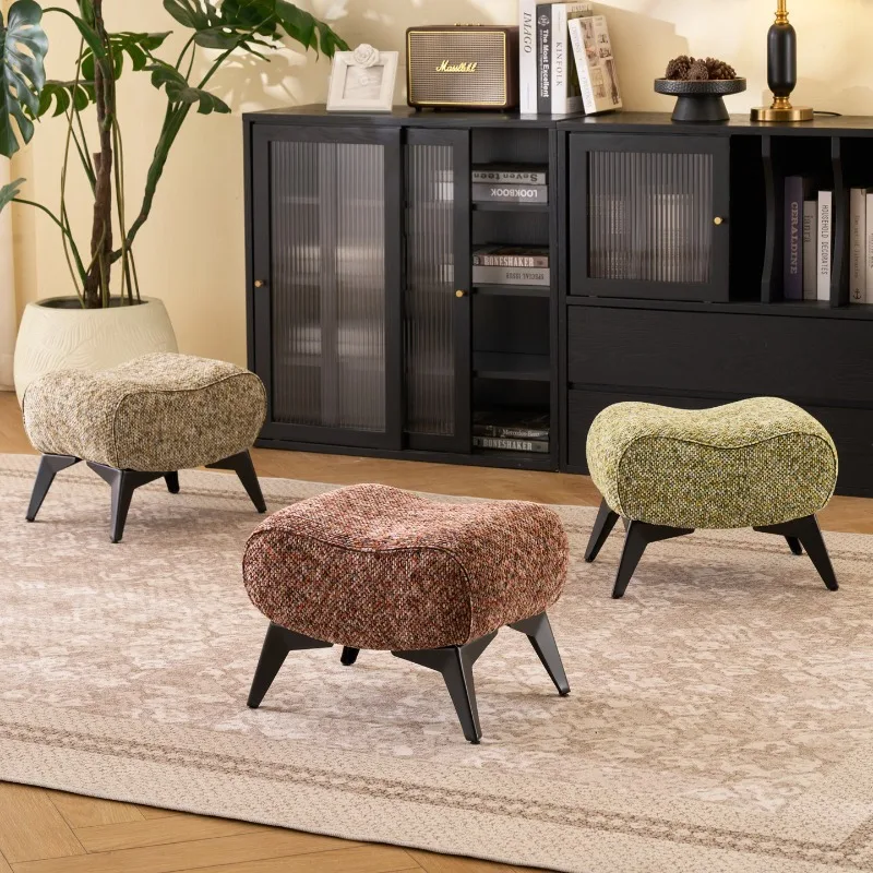 Retro Fabric Pouf Stool Luxury Designer Low Bench Mid-century Sofa Footrest for Living Room Premium Interior Home Furniture