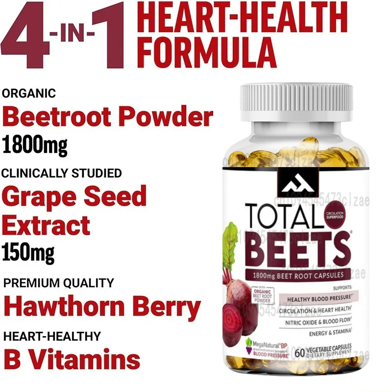 Blood Pressure Support Beetroot Capsules, 1800mg, Containing Hawthorn Berries, Supporting Blood Circulation and Flow