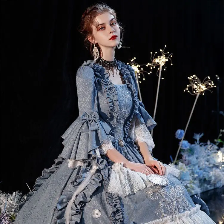 Sky Blue French Print Luxury European Court Clothing Queen Mary Photo Studio Annual Performance Dress Vestidos De Fiesta De Lujo