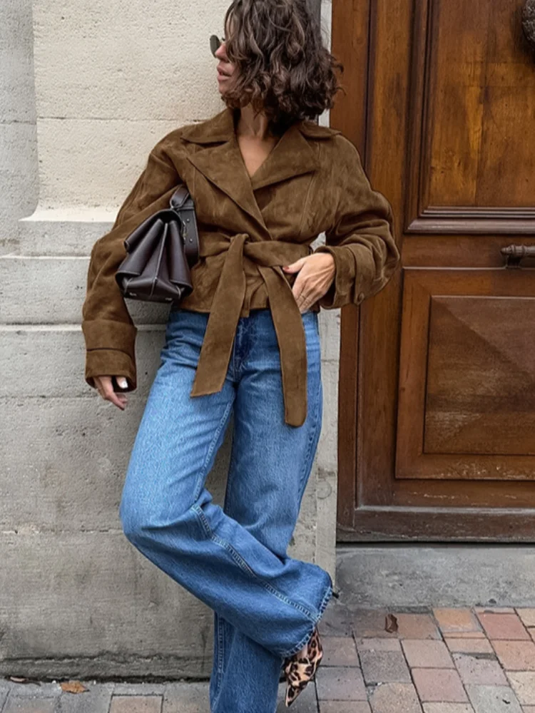 

Pleated Lace Up Brown Casual Suede Jackets Women Chic Long Sleeve Lapel Short Thicken Coats New Winter High Street Wear 2025