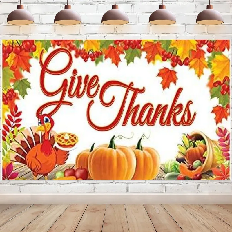 

Give Thanks Banner Happy Thanksgiving Backdrop Pumpkin Maple Leaf Background for Photography Party Decorations Photo Booth Props