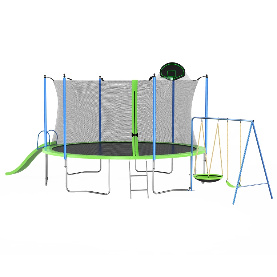 

12FT Trampoline with Slide and Swings, ASTM Approved Large Recreational Trampoline with Basketball Hoop and Ladder, Outdoor Bac