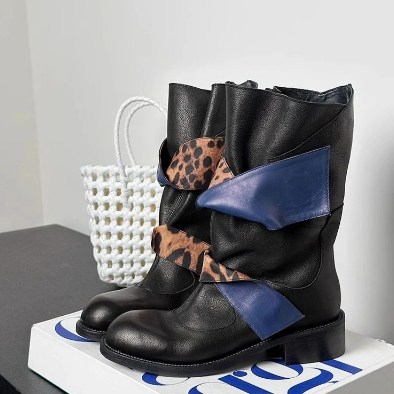 Handmade Knight Boots Women's Shoes Fashion Genuine Leather Comfortable Casual Mid-Calf High Top Motorcycle Boots Female
