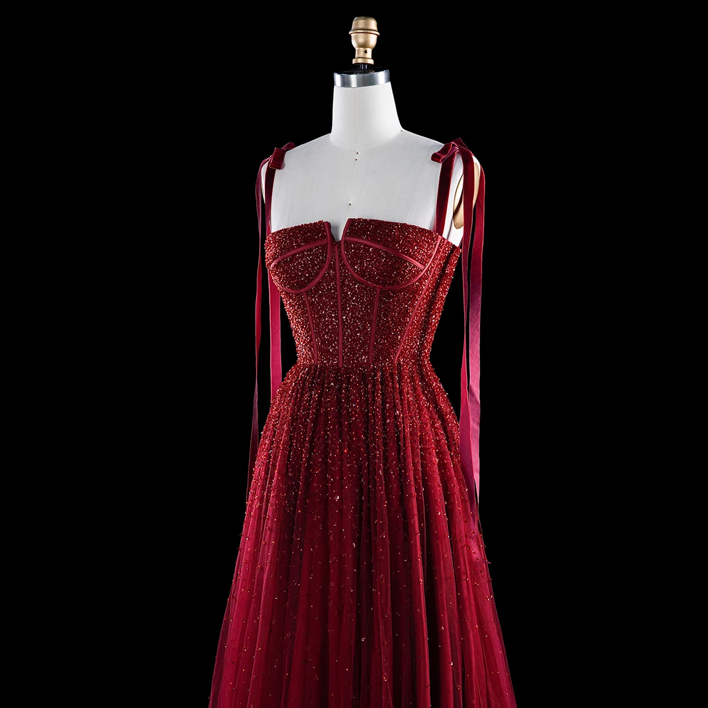 Sharon Said Burgunder Abendkleid mit Spaghettiträgern, Schleife, Perlenstickerei, fließendem Tüll, A-Linie, formelle Partykleider SS263, maßgeschneidert – Detail 7