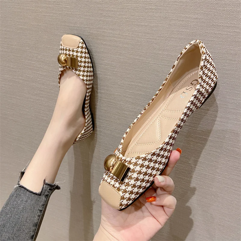 Women Flats Houndstooth White Black Plaid Flat Shoes for Female Slip on Casual Shoes Summer Spring Square Head Zapatillas Mujer