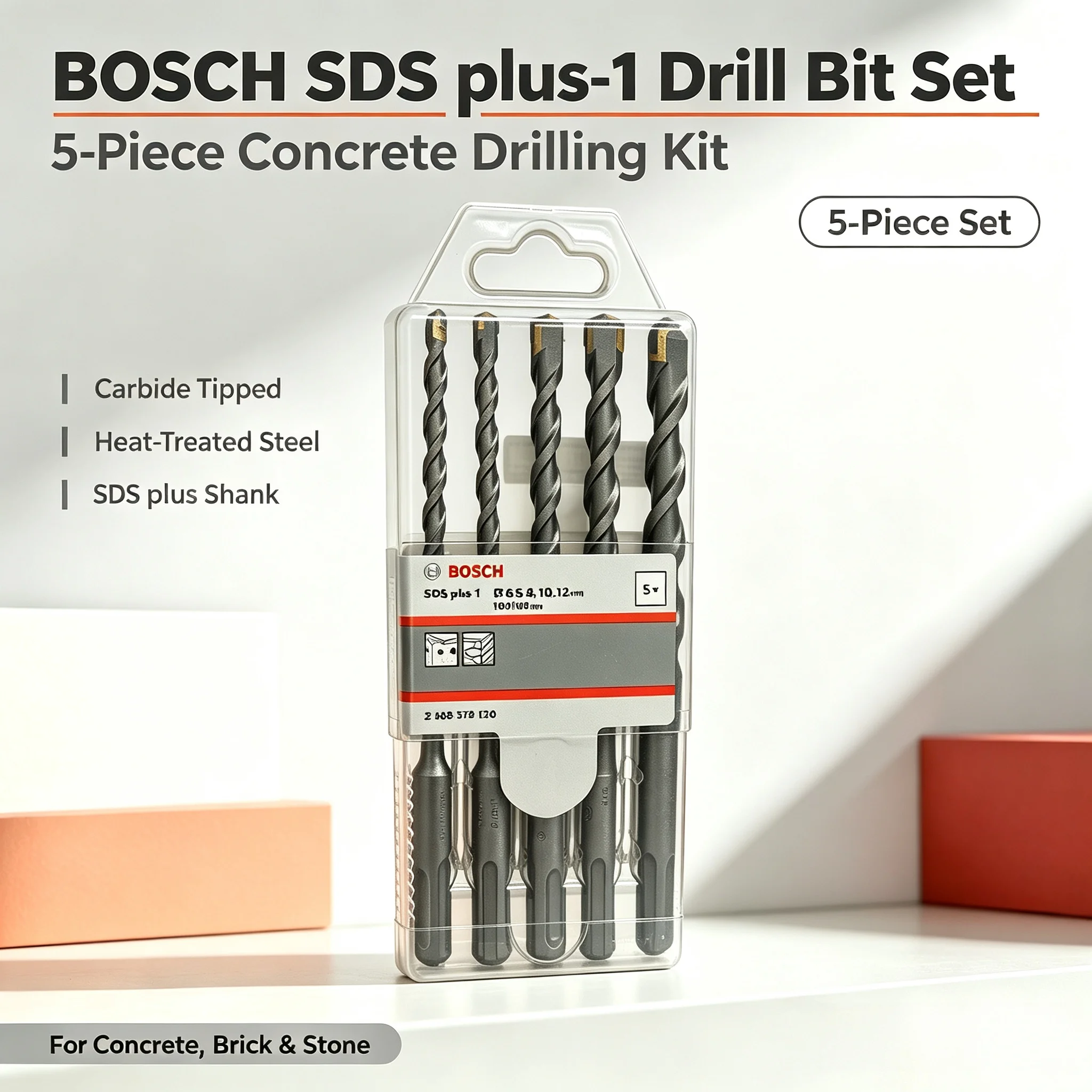 BOSCH 2608579120 SDS Plus-1 Rotary Hammer Drill Bit Set 5Pcs 160MM For Concrete Masonry Tool Attachment