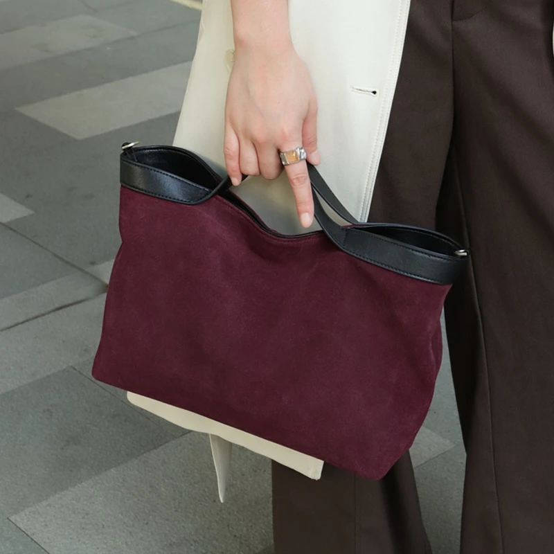 

Toptrends Suede Cow Genuine Leather Tote Handbags For Women 2025 Luxury Designer Satchel Matte Ladies Shoulder Crossbody Bags
