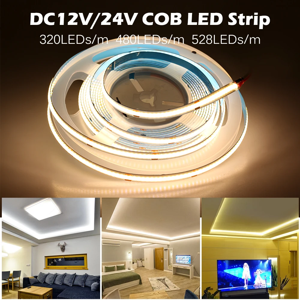 COB LED Strip 320 480 528 LEDs High Density Flexible COB LED Lights DC12V 24V RA90 3000K 4000K 6000K LED Tape 5m/lot