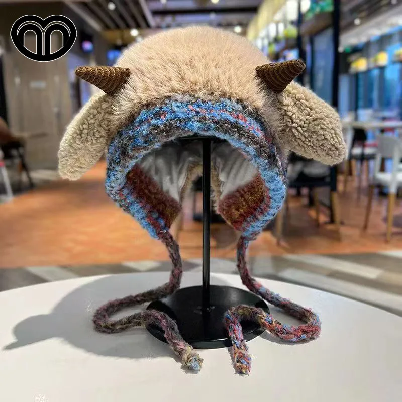 Winter Squeaky Sheep Horn Plush Beanie for Women,Thick Knit Earflap Warm Hat,Cold-Proof Versatile Pullover Cap,Cute Cozy Outdoor