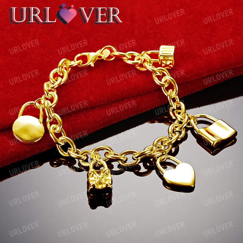 

URLOVER 18K Gold Bracelet Heart Lock Pendant Bracelets For Woman Lady Party Wedding Engagement Fashion Jewelry Birthday Gift