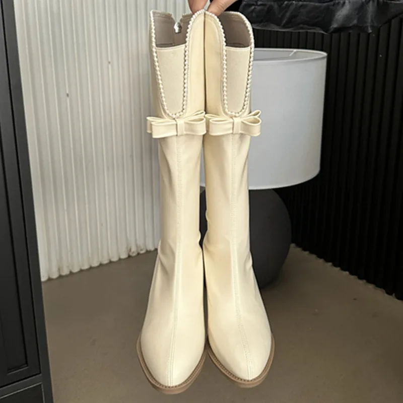 

Solid Color Mid-calf Boots Butterfly-knot Pearl Pointed Toe Chelsea Boots Mid Heel Female Shoes Sewing Stylish Elegant Concise