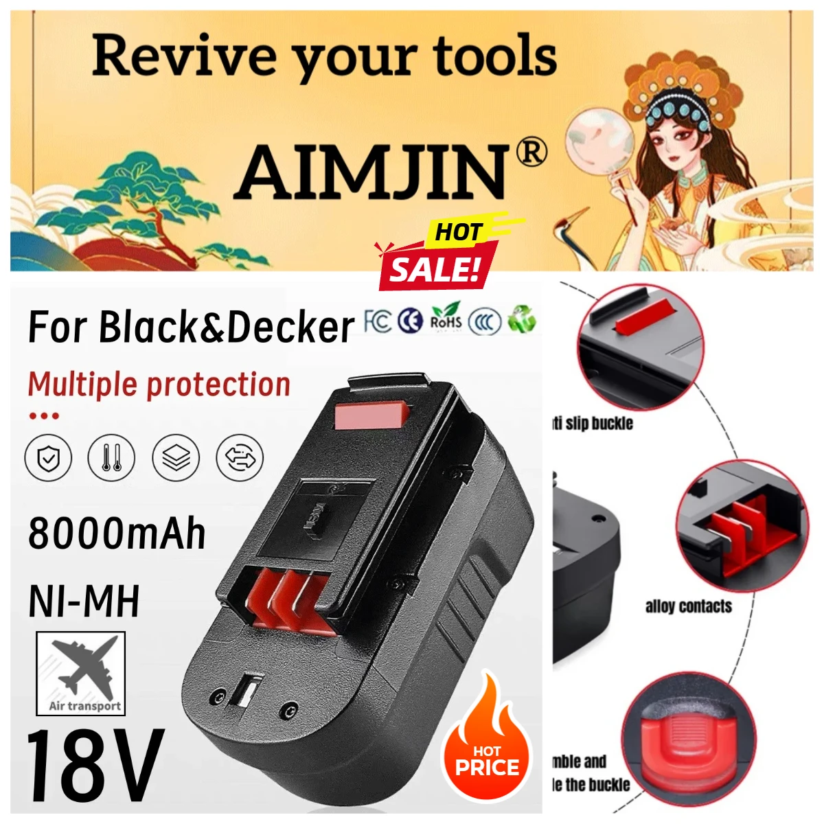 

2025 New For Black&Decker 18V 8000mAh Power Tool Rechargeable Battery A18 A1718 A18NH HPB18 HPB18-OPE FS1800CS FS1800D