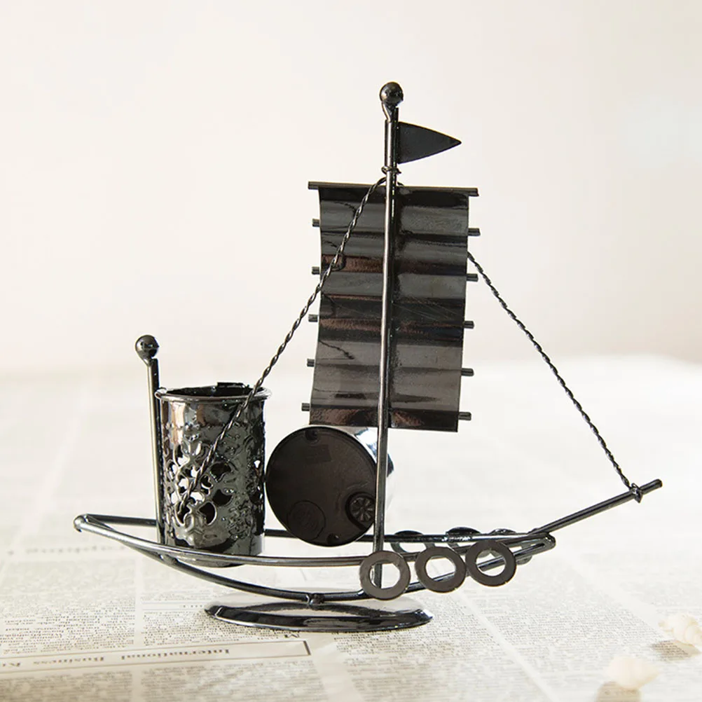 

Pencil Holder Wrought Iron Sailing Ornaments for Desk with Clock Vintage Black Office