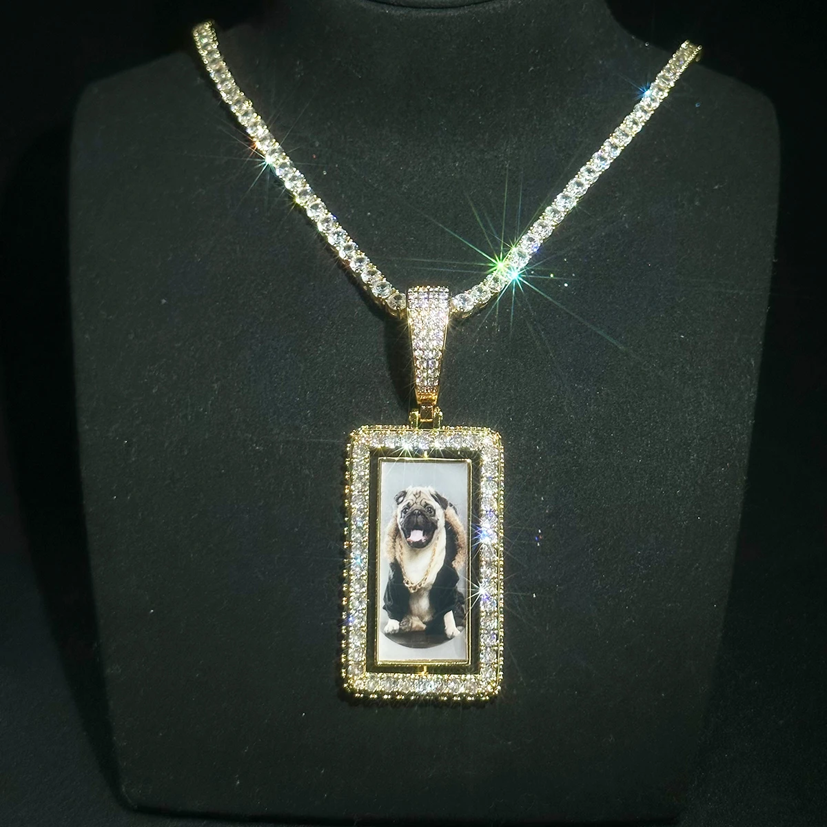 Aokaishen Custom Dogtag Memory Picture Spinner Pendant Gold Color One Row Zircon Square Frame Necklace Chain Men Women Hip Hop J