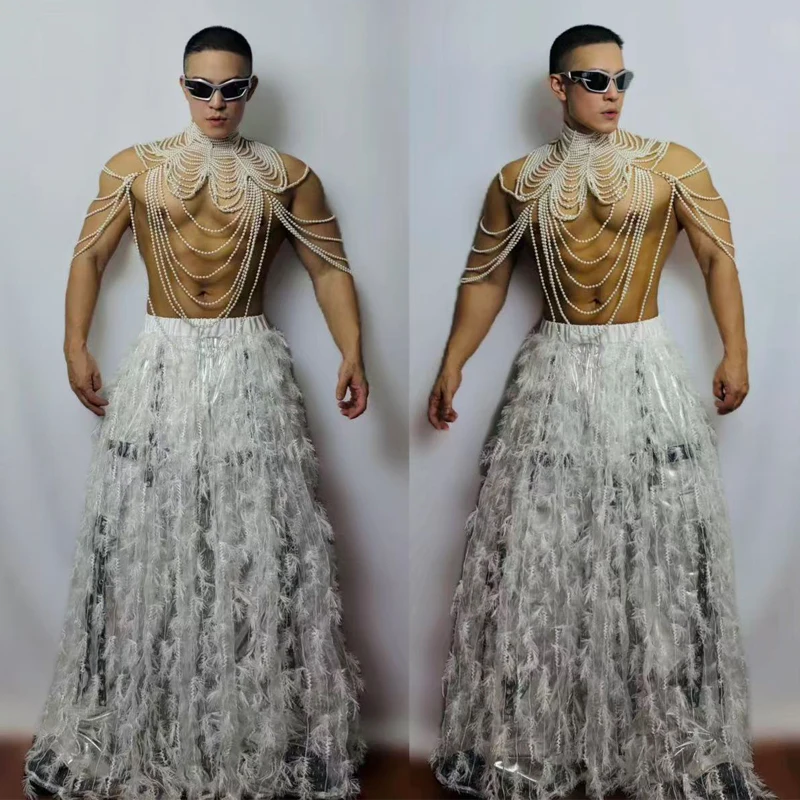 بار DJ لعب الأدوار ملابس للحفلات مثير القطب الرقص الدعاوى الرجال جوجو زي المرحلة الهذيان الزي اللؤلؤ أعلى ريشة تنورة XS10696 #1