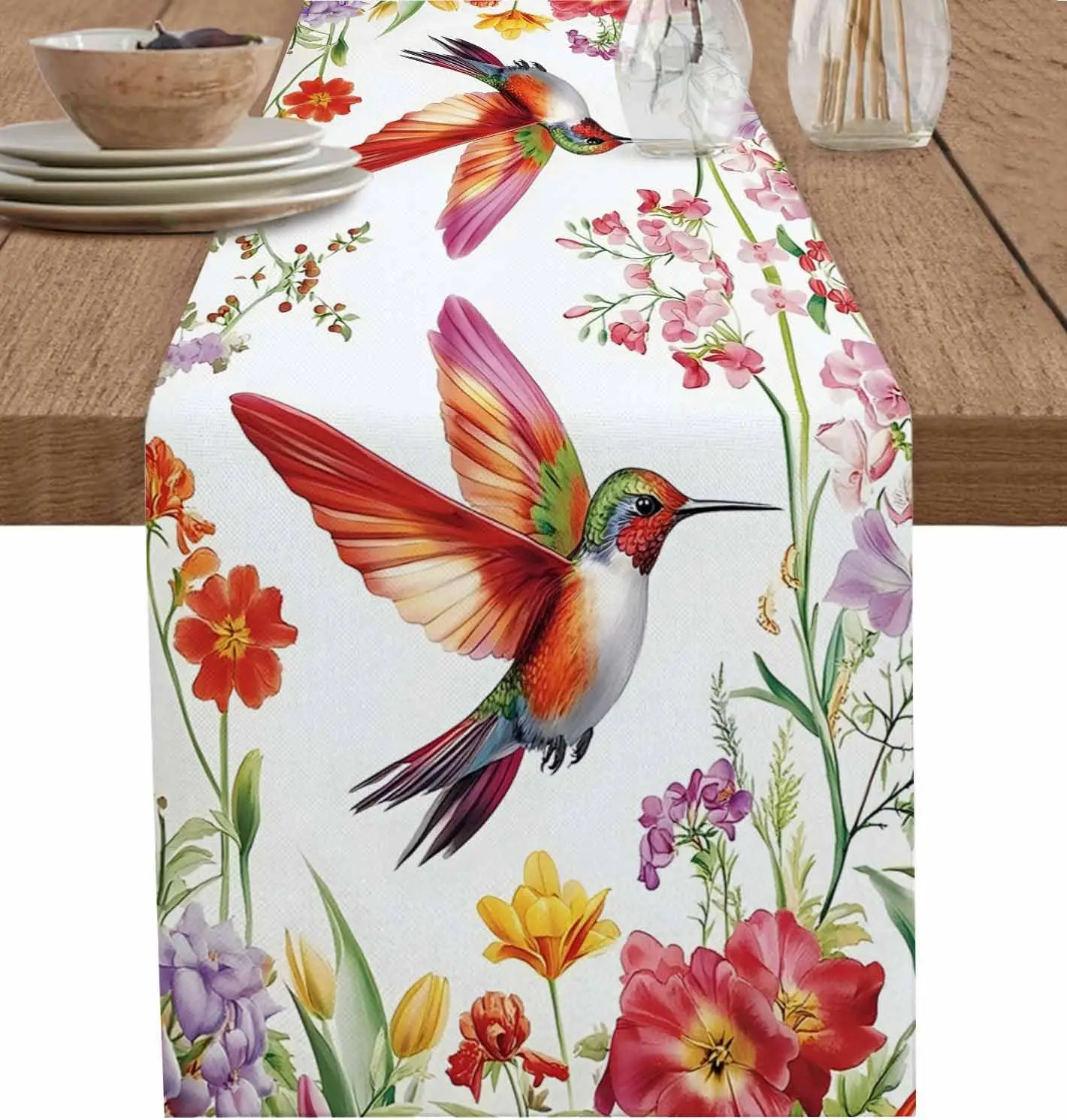 Camino de mesa de lino con flores de colibrí Pastora de primavera, decoración de fiesta, caminos de mesa de pájaros florales de verano, decoración de mesa de comedor