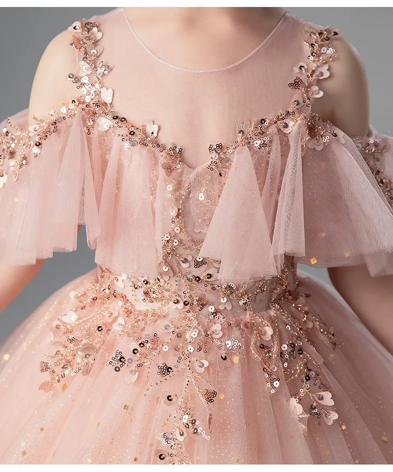 Paillettes rugiada spalla bambini abiti per la festa abito da sposa bambini abito da spettacolo bambino Tulle principessa vestito per ragazze