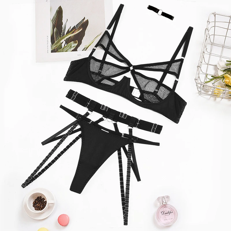 MUZISKAT  Summer New Fashion Bra Grid Splicing Mesh Skeleton Steel Ring Gathered Sexy Underwear Four-piece Set