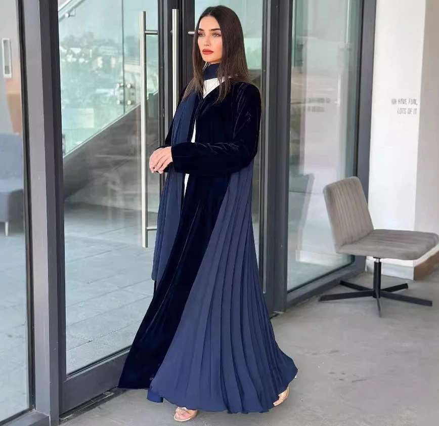 

UNI Winter New Muslim Women's Evening Dress Fashion Velvet Patchwork Pleated Cardigan Robe with Headscarf 2025Ramadan Open Abaya