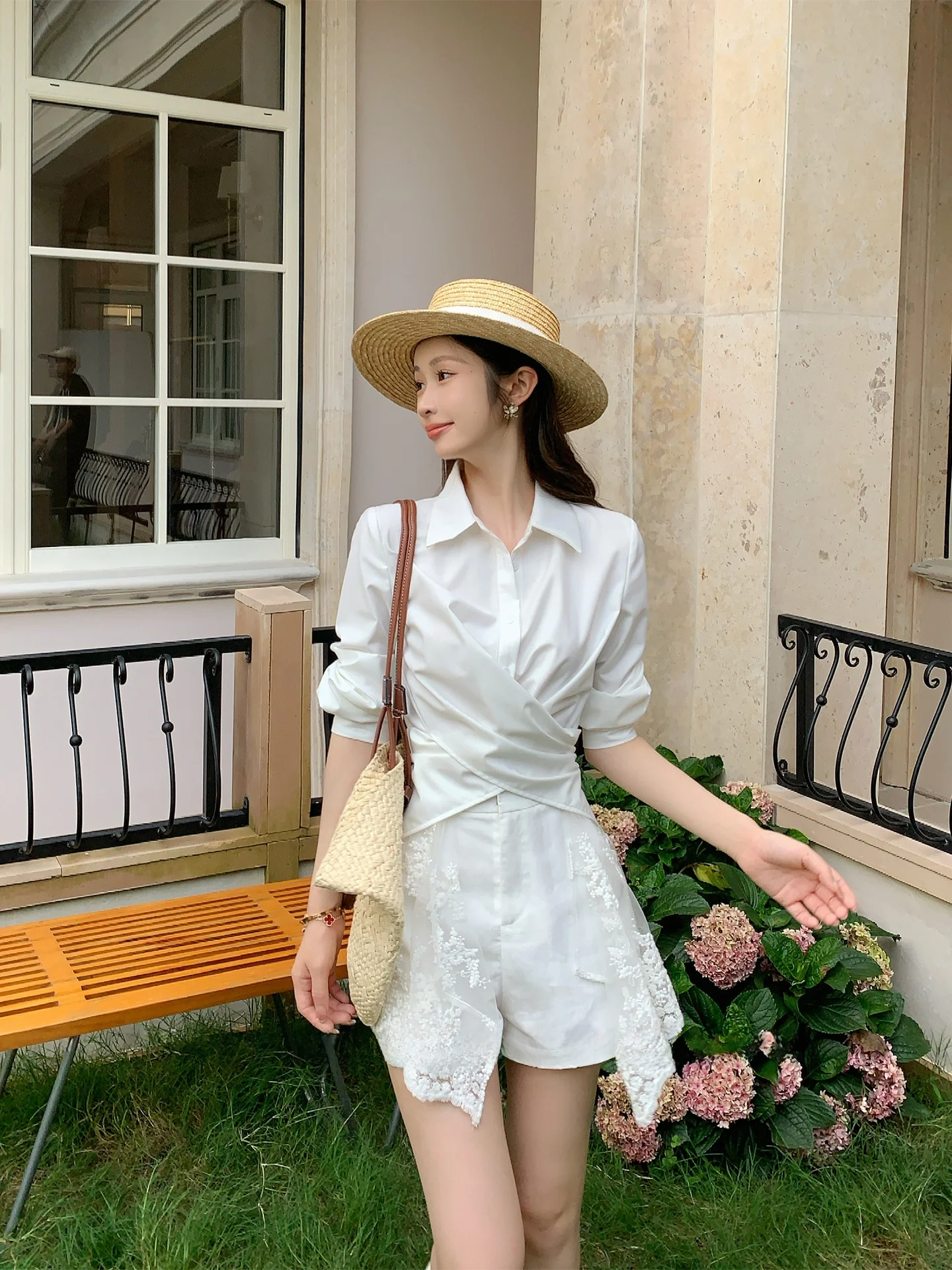 

Romantic Lace Detachable irt Women's Summer New Sle Ele Slimming White Versatile irt Polyester Viscose Collar ...