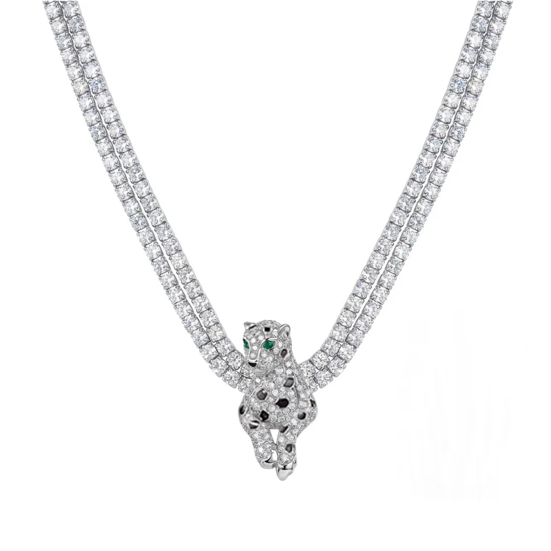 Designer Collection Style Necklace Inlay Full Cubic Zircon Leopard Pendant Detachable Double Chain Multiple Wearing Methods