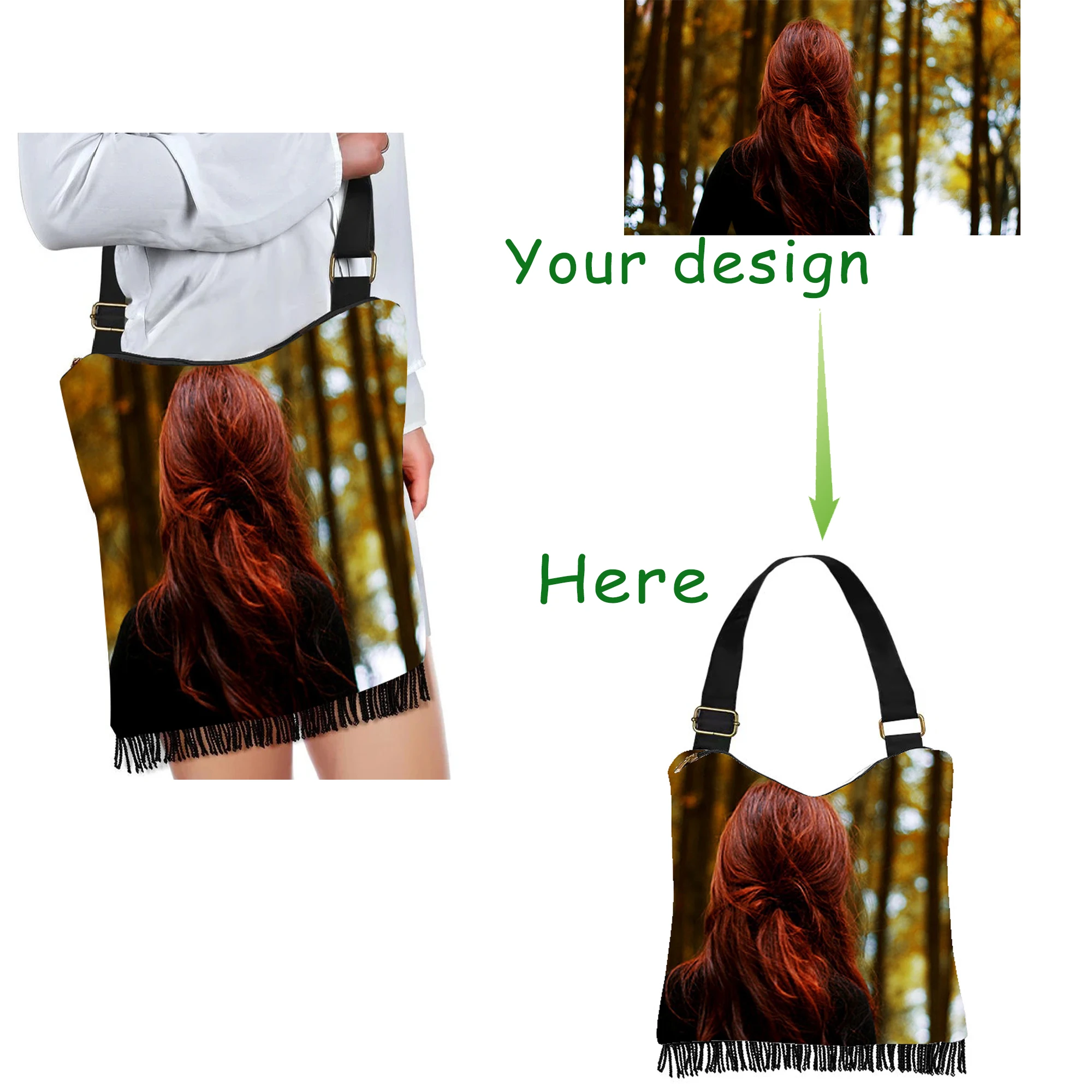 

Холщовая сумка через плечо с бахромой, индивидуальный дизайн, большая вместимость, портативная сумка для хранения, персонализированный узор, текст, логотип, фото