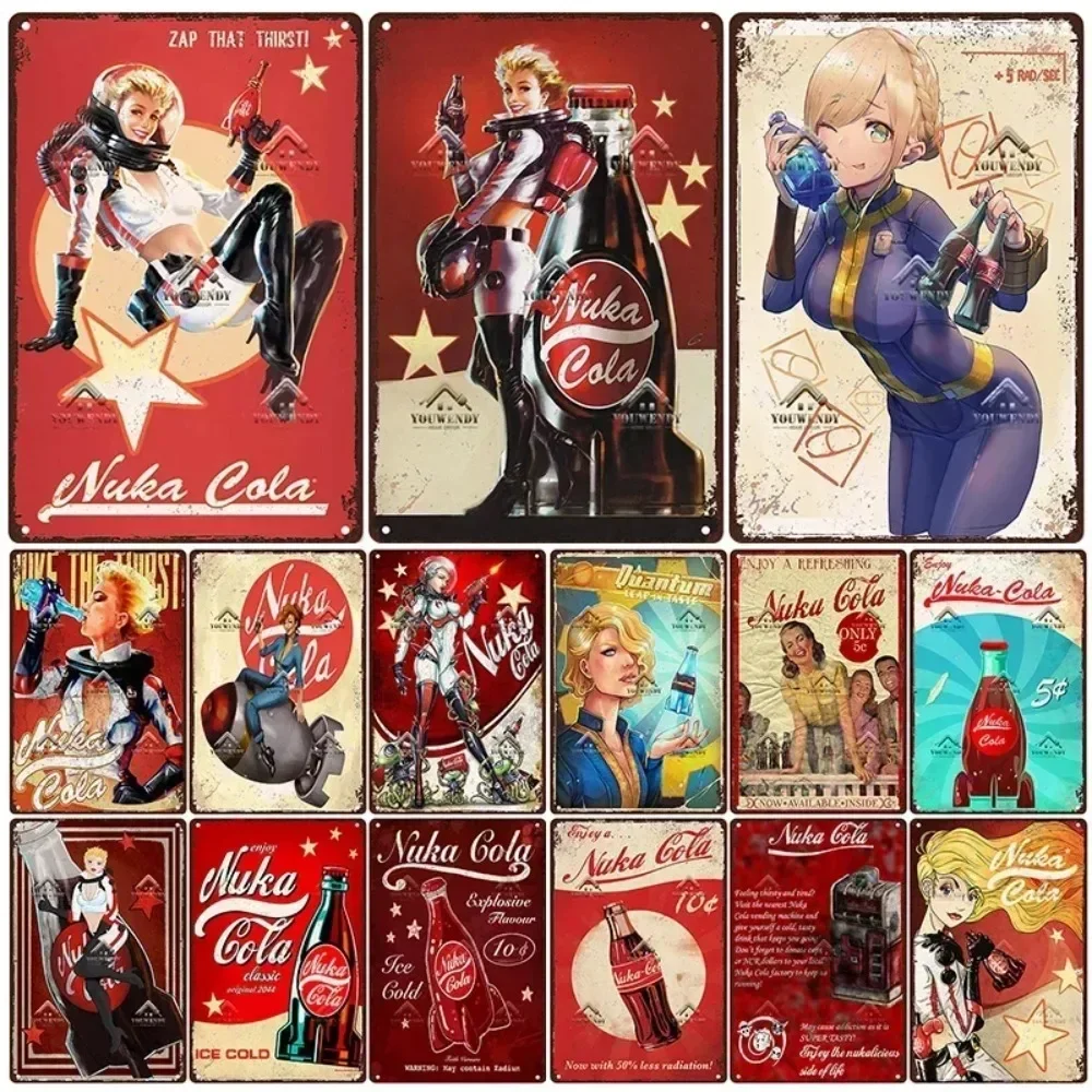 علامة معدنية لملصق مشروبات Nuka Cola - ديكور حائط لألعاب الحانة ذو طابع ألعاب عتيق، فن معدني نهائي