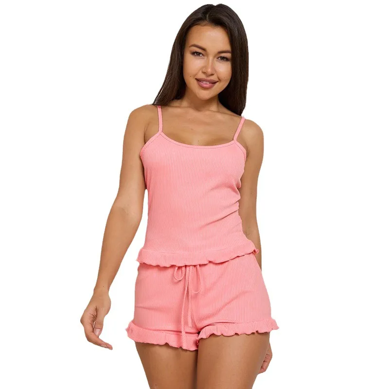 Summer Pajamas For Women\'s Casual Spaghetti Strap Sleeveless Top & Short Pants Suit Pajamas 2 PCS Ladies Home Clothes Sleepwear