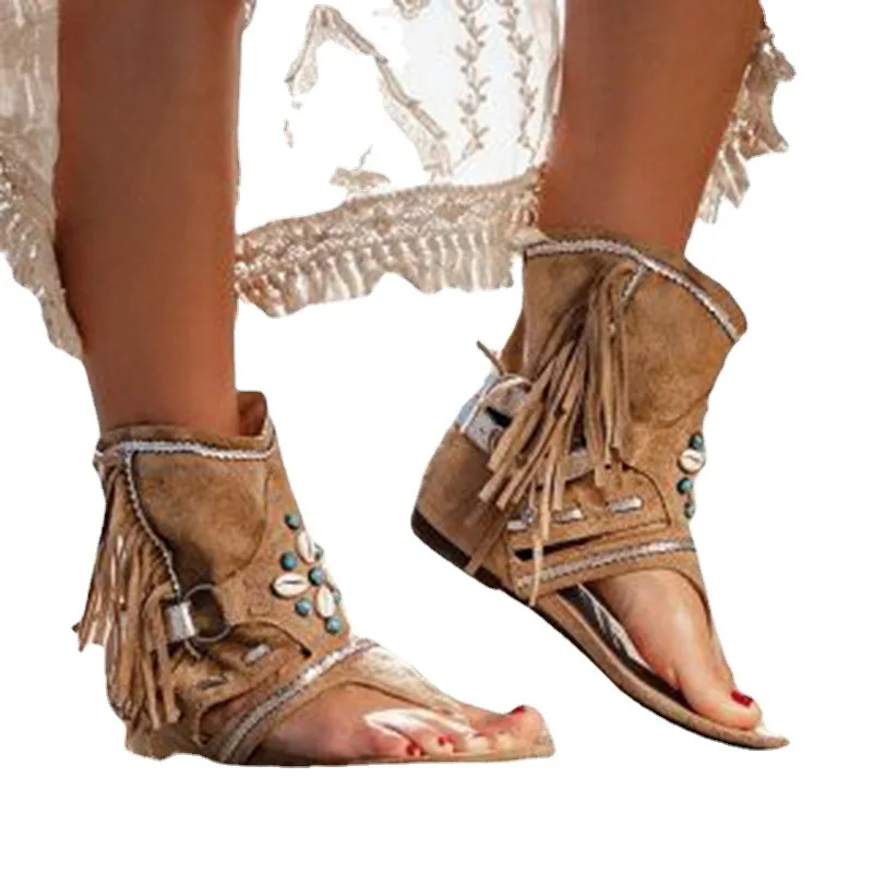 Moda nuovo stile retrò donna frangia fiore zeppe scarpe 2024 Solid Flock Beach sandali Casual donna estate infradito sandali