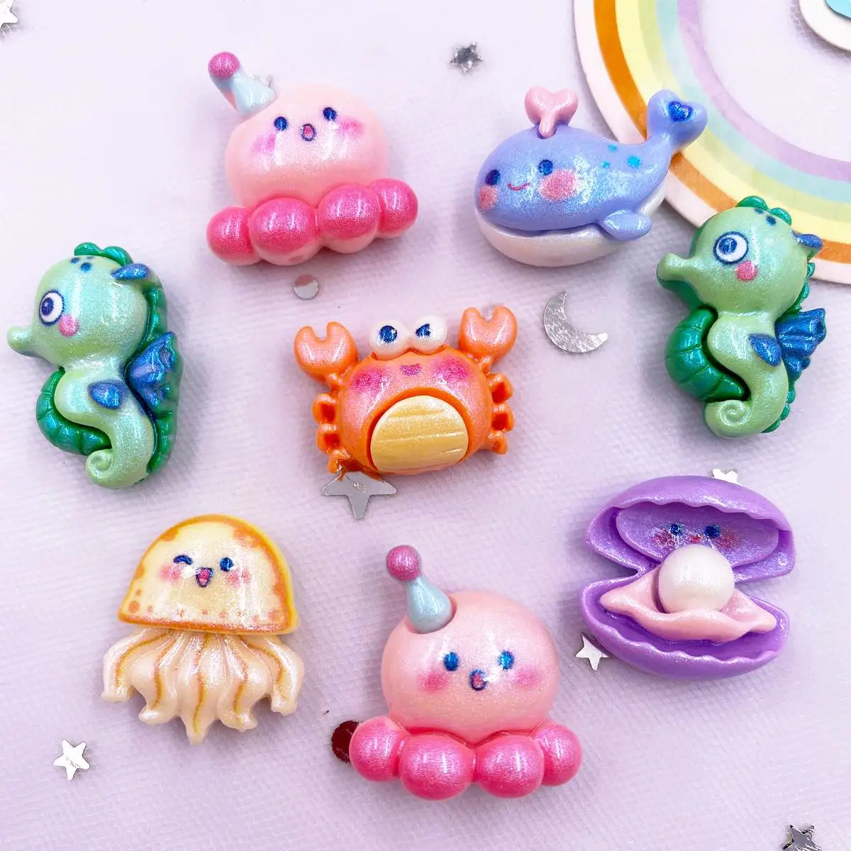 12pcs Colorful Resin Jellyfish Crabs Shell Seahorses Octopuses Whales Ocean Cartoon Flatback Scrapbook DIY Figurine Decor Crafts