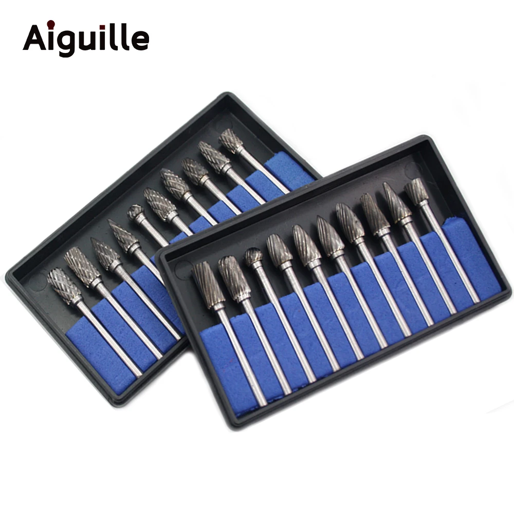 Aiguille 10pcs Carbide Burr Set Hard Alloy Tungsten Steel Double Cut Rotary File Milling Cutter Head Woodworking Grinding Carvin