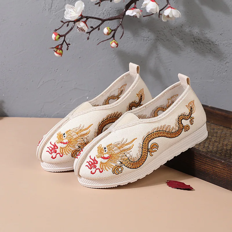 Comfortable Boys Casual Shoes Chinese Style Dragon Embroidered Cotton Cloth Shoes for Boy Flat Ancient Perform Shoes Black Beige