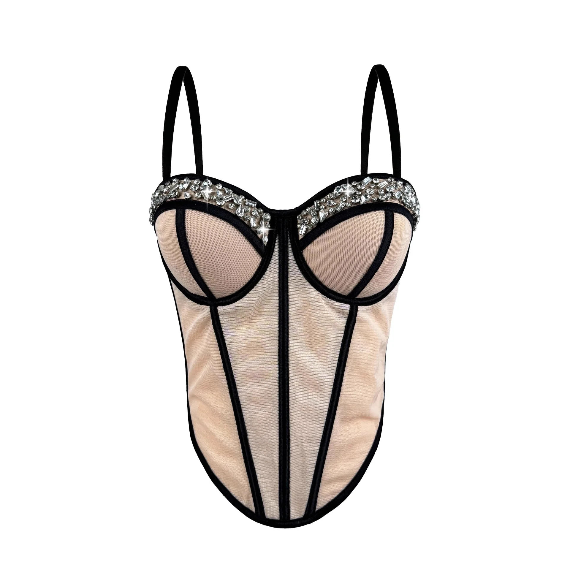 

customized women's new adult rhinestone mesh bra waist exposed back sexy camisole vest shaping fishbone top lingerie sexy