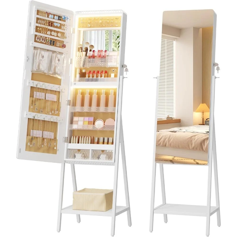 Upright LED Jewelry Mirror Cabinet with Full-Length Reflection and Lockable Storage