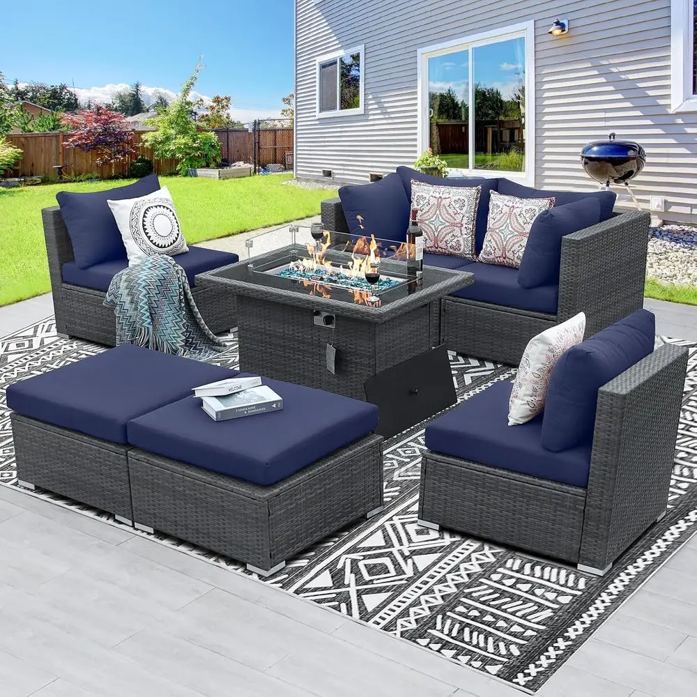 

6-Person Weather-Resistant Outdoor Sectional Set with Fire Pit Table, Comfortable Wide Seats in Grey & Navy Blue